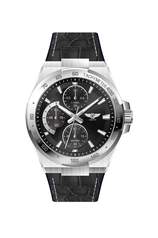 Men’s Chronograph Watch VR-1042-1 – Silver Case & Black Leather Strap