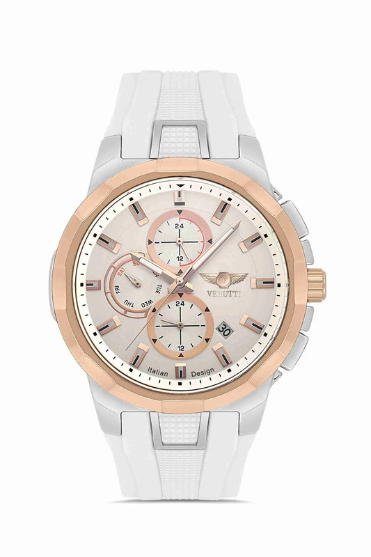 Men’s Luxury Watch – Verutti VR-1013-2 White Luxe Edition, White Silicone Strap & Beige Multifunction Dial