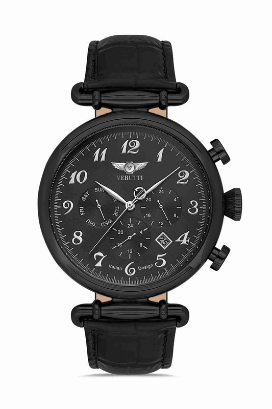 Men’s Luxury Watch – Verutti VR-1026-2 Black Leather Strap & Black Dial